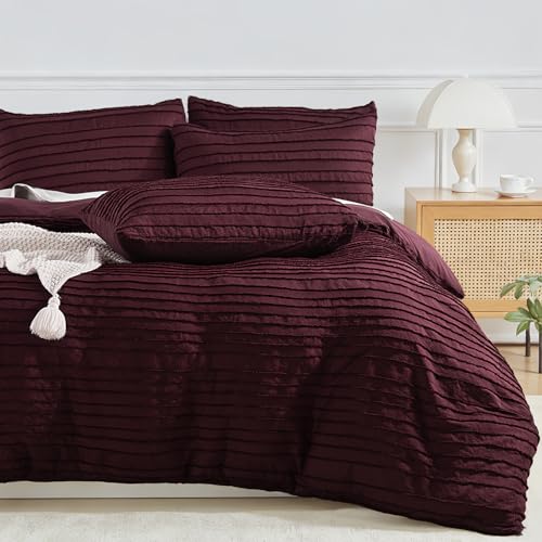 NEXHOME PRO Duvet Cover Queen,3 Pieces Boho Tufted Duvet Cover Set, Soft and Lightweight 100% Washed Microfiber Comforter Cover Set for All Season(Burgundy,90 x 90)-No Comforter NEXHOME PRO