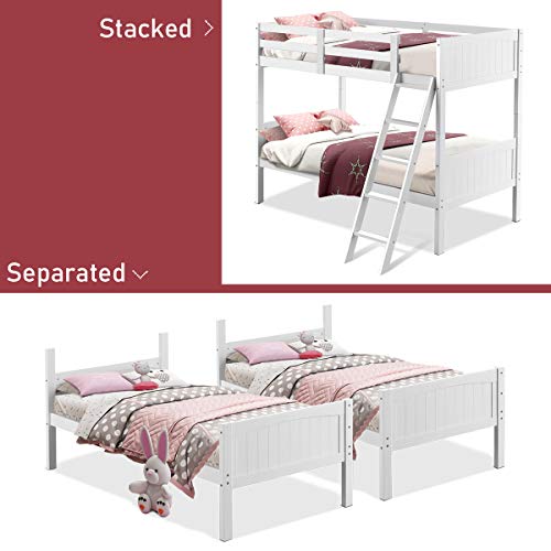 Costzon White Twin Over Twin Convertible Bunk Beds with Ladder and Safety Rail for Kids - WoodArtSupply