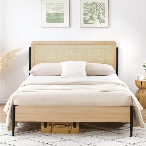 IDEALHOUSE Metal Bed Frame with Curved Natural Rattan Headboard, Queen Size Bed Frame with Wooden Tailboard, Underbed Storage Space, Noiseless, Black