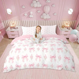 Erosebridal Bow 7 Piece Comforter Set Twin Bed in a Bag for Girls Kids,Girly Pink Floral Coquette Bedding Sets for Child Bow Ribbon Heart Shaped Quilt Dreamy Princess Style Sheet Set with Comforter Erosebridal