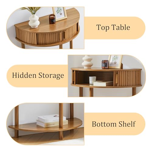 Entryway Table, Half Moon Fluted Console Tables with Storage, Mid Century Modern Small Half Round Sofa Tables for Hallway, Narrow Curved Accent Decor Table for Living Room (Mid-Century Modern, Walnut) Janmer Home