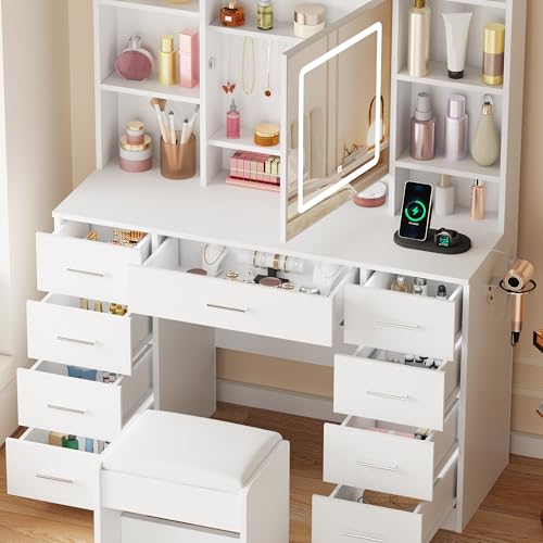 BEWISHOME Vanity Desk with Mirror and Lights, Makeup Vanity Table with Power Outlet,Stool Vanity Table with 9 Drawers 6 Storage Shelves Jewelry Storage,Dressing Table for Bedroom Girls White FST36W BEWISHOME