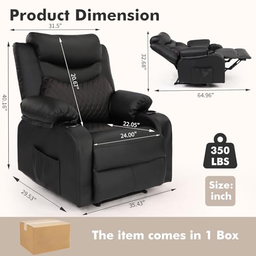 linting Massage Recliner Chairs with Heat, Wide Seat Reclining Lounge Chair for Home Theater, Faux Leather Heated Massaging Manual Recliner Chair with Cup Holder for Adult, Black