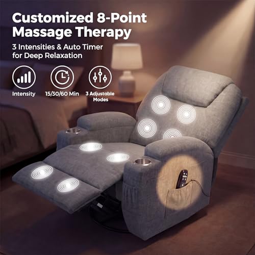 JUMMICO Small Swivel Rocker Recliner, 360 Rocking Chair Recliner with Massage, Upholstered Fabric Rocker Recliner with Cup Holder for Living Room, Bedroom, Nursery (Gray)