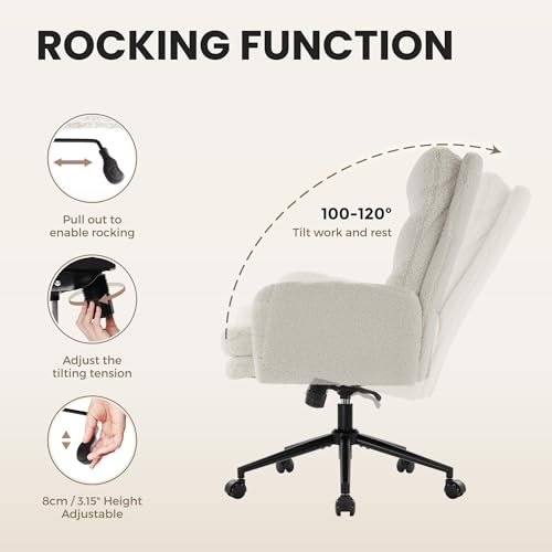 IWMH High-Back Home Office Chair,Upholstered Desk Chair with Armrests,Height Adjustable Armchair with Wheels, Swivel Office Desk Chair, Ergonomic Computer Task Chair, Leisure Armchair Cashmere(White) IWMH