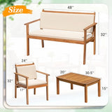 Greesum Outdoor Patio Furniture, 4 Piece Bistro Sofa Set with Coffee Table and Loveseat, Acacia Wood Conversation Sets with Cushions, for Garden, Backyard, Poolside, White Greesum