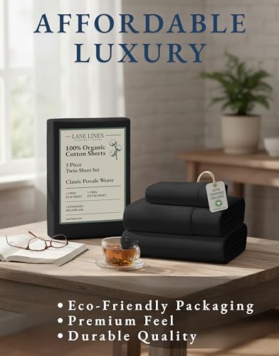 LANE LINEN 100% Organic Cotton Twin Bed Sheet Set, 3 Pc Twin Size Sheets Set, Soft & Breathable Twin Sheet Set Boys, Hotel Style Bedding Sheets & Pillowcases, 15" Deep Fitted Sheet - Black LANE LINEN