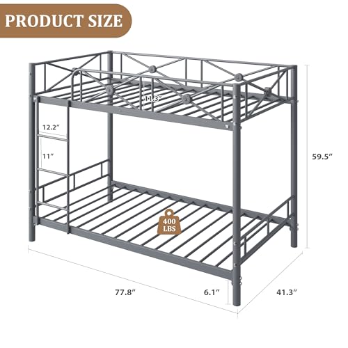 IDEALHOUSE Metal Bunk Bed Twin Over Twin, Modern Heavy Duty Bunkbeds with Safety Guard Rails & Space-Saving Design, Steel Twin Bunk Beds for School, Bedroom, Grey IDEALHOUSE