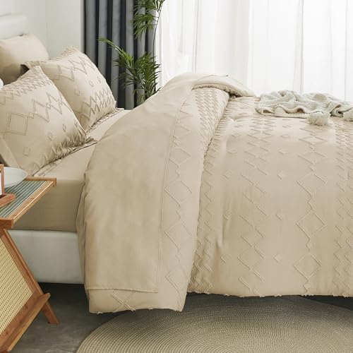 EMME Twin Comforter Set - 5 Pcs Beige Boho Bedding Sets, Tufted Comforter with Sheets, Shabby Chic Embroidery Twin Bed Set Fluffy Bed Bag for All Season(68"X90") EMME