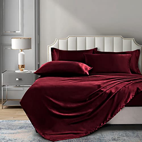 P Pothuiny 6 Pieces King Satin Sheets Luxury Silky Burgundy Satin Bedding Sheet Set, 1 Deep Pocket Fitted Sheet + 1 Flat Sheet + 4 Pillow Cases P Pothuiny