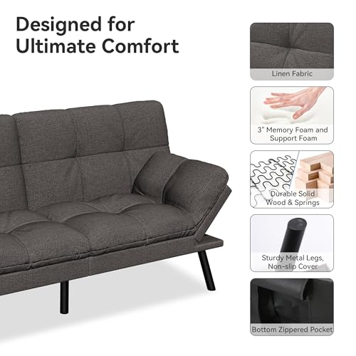 Vipbear Convertible Futon Sofa Bed,Grey Linen Futon Couch with Detachable Cushion,Adjustable Backrest & Armrest,Modern Small Recliner Loveseat Sleeper Couch for Living Room,Office,Apartment Vipbear