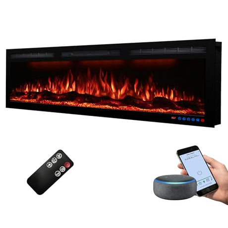 Dreamflame 50" Smart Electric Fireplace, WiFi-Enabled Control via Alexa& App, Recessed and Wall Mounted Fireplace Heater with Realistic Crackling Sound, Logs& Crystals,1500W, Black Dreamflame