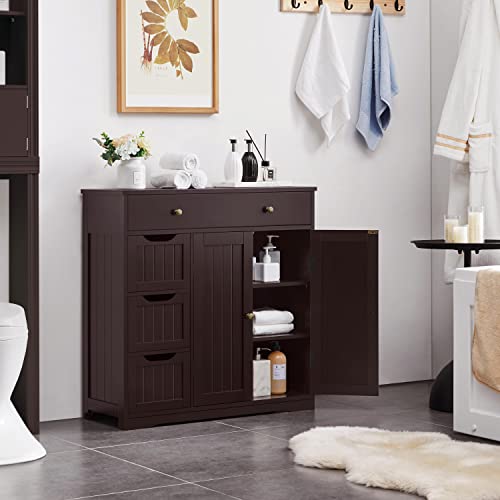 Yaheetech Bathroom Floor Cabinet, Large Storage Space Wooden Organizer with 1 Big Drawer, 3 Small Drawers & 2 Doors, Free-Standing Cupboard for - WoodArtSupply