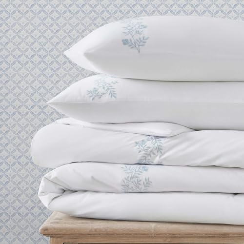 Martha Stewart - King Duvet Cover Set, 100% Soft Cotton Bed Set with a Smooth Cotton Percale Reverse, 3 Piece Floral Bedding with Matching Pillowcases (Garden Path Embroidery Blue) Martha Stewart