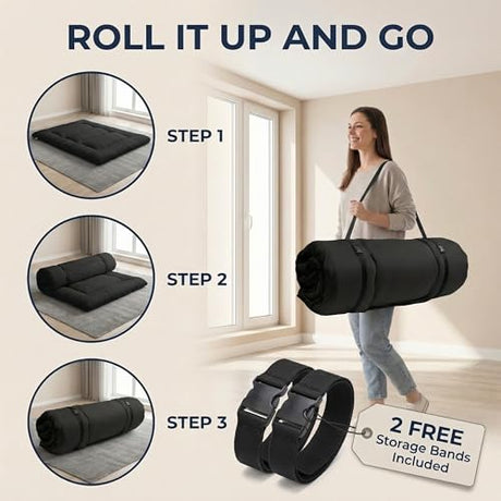 Cosovia Japanese Floor Mattress Futon Mattress, 3.5 Inch Thick Foldable Roll Up Tatami Mat with 2 Pillow Covers, Twin Size Floor Bed for Guest Room Dorm Camping Kids, Black Cosovia