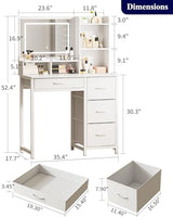 Kitsure Vanity Desk with Mirror and Lights - Large Capacity Makeup Vanity with 4 Fabric Storage Drawers & 3 Lighting Modes, Vanity Table Set with Sturdy Metal Frame for Bedroom, White, 35" x 17" x 52" Kitsure