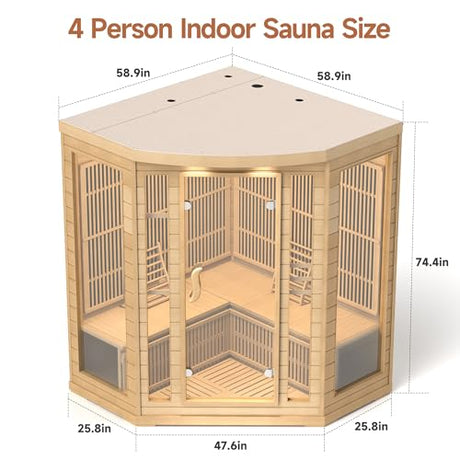 springspa Infrared Sauna 4 Person, Low EMF Far Infrared Sauna for Home, Indoor Corner Sauna, Hemlock Wooden Dry Sauna Room with Bluetooth Speaker, 7 Color Chromotherapy Lights springspa