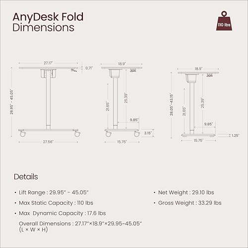TopJob ANYDESK FOLD Mobile Standing Desk, Portable with Lockable Wheels, Foldable Stand Desk, Rolling Computer Workstations, Used for Home, Couch Side Table, Bedside Table in Bed Room Kitchen TopJob