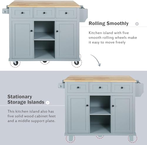 Coolove Kitchen Cart with Rubber Wood Drop-Leaf Countertop,Kitchen Island on 5 Wheels with Storage Cabinet and 6 Drawers for Dinning Room