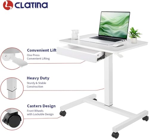 CLATINA Mobile Laptop Standing Desk, Height Adjustable Teacher Podium with Lockable Wheels, Adjustable Work Table with Drawer, Computer Cart Overbed Table for Home Office Classroom, White CLATINA