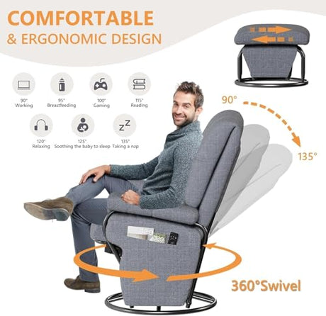 JIASTING 360° Swivel Recliner Chair with Ottoman & Double Side Pockets, Nursing Glider Rocking Recliner Chair, Gliding Chairs for Nursery, Living Room, Bedroom, Office (Gray) JIASTING