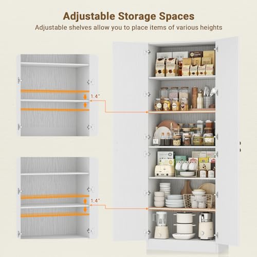 Cyclysio 80" Extra Tall Kitchen Pantry, Arched Storage Cabinet with 4 Doors and Adjustable Shelves, Freestanding Wood Cupboard with Seamless Fit Wall for Living Dining Room Bathroom Cyclysio