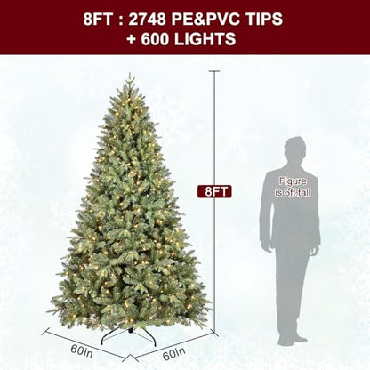 Treepool 8FT Pre-Lit Artificial Christmas Tree with 2748 PE&PVC Mixed Branch Tips, 600 Warm White Lights, Hinged Premium Spruce Fake Xmas Trees, Green, Foldable Base