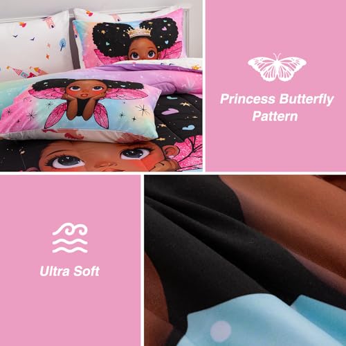 A Nice Night Black Girl Princess with Wings Comforter Set,Pink Gradient Glitter Rainbow Galaxy 6pcs Kids Bedding Set,Twin A Nice Night