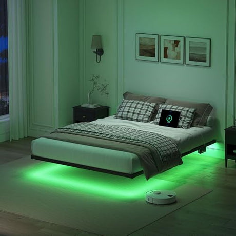 YORMDMO Floating Bed Frame King Size, Heavy Duty Bedframe with Smart LED Lights & Charging Station, Modern Metal Platform Bed, Easy Assembly No Box Spring Needed, 10 Inch YORMDMO