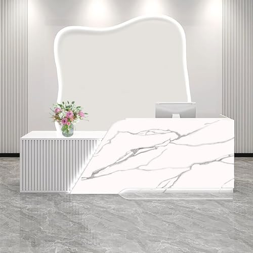 Reception Desk with Counter, Modern Wooden Reception Desk with Drawer & Cabinet, Retail Checkout Counter, Front Table, Customer Service Table for Home Office Lobby Store (White, 71 * 23.6 * 39.3in-L) WoodArtSupply