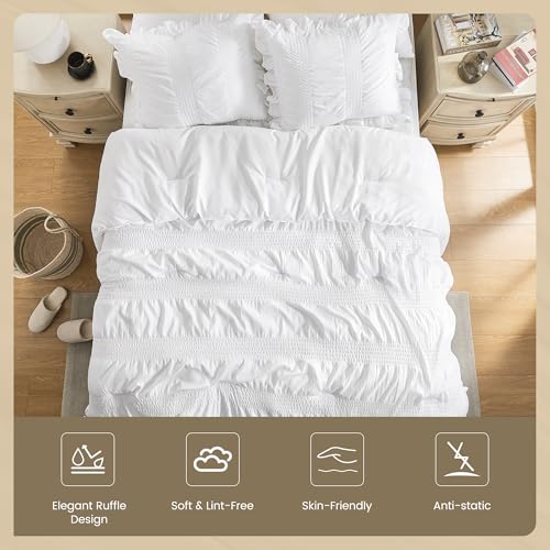 Queen Comforter Set Seersucker 7 Pieces Luxury Ruffle Bed in a Bag Queen Size for All Season White Bedding Set with Comforter, Pillowcases, Flat Sheet, Fitted Sheet and Pillow Shams QUIETSEA