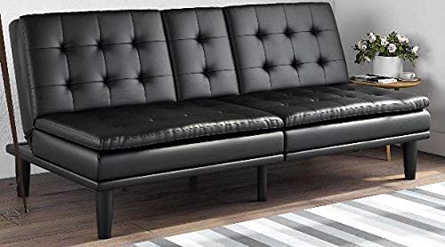 Upholstered in Faux Leather Mainstays Memory Foam Pillowtop Futon with Cupholders Mainstay