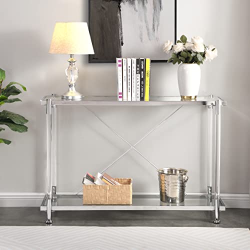 WAQINBR Silver Narrow Console Table Sofa Table for Living Room, Entryway Table with Storage, Acrylic Sofa Table Narrow Long with Tempered Glass Top, 43.3" W Rectangular Glass Table… WAQINBR