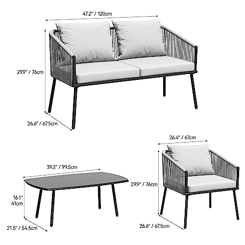 YITAHOME 4-Piece Patio Furniture Wicker Outdoor Bistro Set, All Weather Rattan Loveseat Gray Rope Conversation Sets with Soft Cushions and Side Table for Backyard, Balcony and Deck, Gray - WoodArtSupply