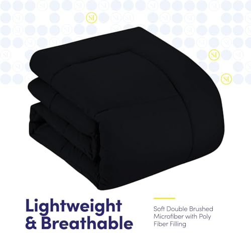 Sweet Home Collection 7 Piece Comforter Set Bag Solid Color All Season Soft Down Alternative Blanket & Luxurious Microfiber Bed Sheets, Black, Queen Sweet Home Collection