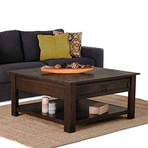 SIMPLIHOME Monroe SOLID ACACIA WOOD 38 Inch Wide Square Rustic Coffee Table in Distressed Charcoal Brown, For the Living Room and Family Room SIMPLIHOME