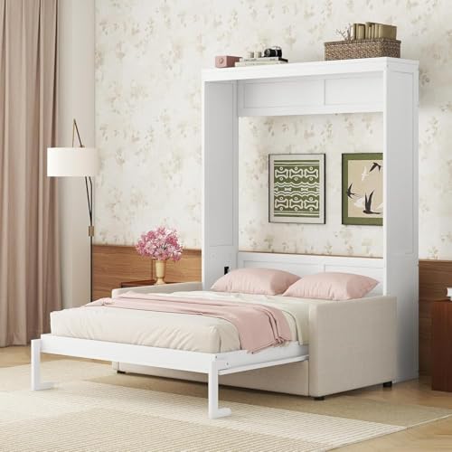 Virubi Queen Murphy Bed with Couch,Wood Folding Murphy Wall Bed Cabinet with Sofa (White,Queen) Virubi