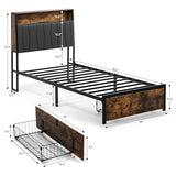 COMHOMA Twin Size Platform Bed Frame with LED Lights and Charging Station, Storage Headboard and Footboard Drawers, No Box Spring Needed, Rustic Wood Look COMHOMA