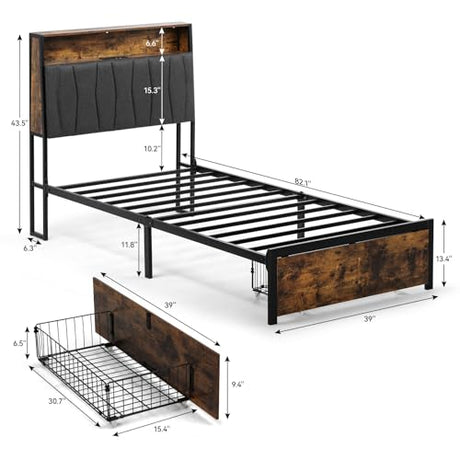 COMHOMA Twin Size Platform Bed Frame with LED Lights and Charging Station, Storage Headboard and Footboard Drawers, No Box Spring Needed, Rustic Wood Look COMHOMA