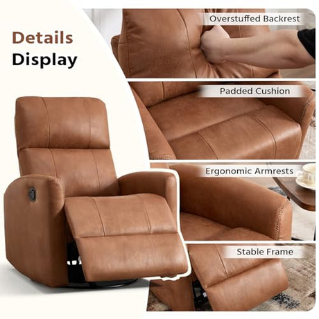 HAOMARKETS Swivel Rocker Recliner Chair, Manual Faux Leather Glider Rocking Recliners for Adults, 360° Swivel Nursery Reclining Sofa with Padded Backrest for Living Room, Dark Brown HAOMARKETS