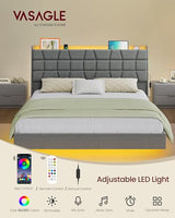VASAGLE Queen Size Floating Bed Frame with LED Lights, Upholstered Queen Bed Frame with Charging Station, Tufted Storage Headboard, Noise-Free, No Box Spring Needed, Light Gray URMB851G01SV1 VASAGLE