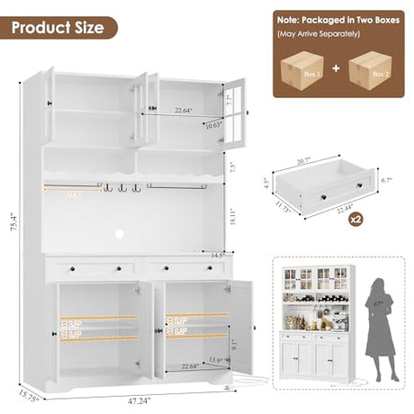 HOSTACK 75.4" Tall Kitchen Pantry Cabinet with Charging Station, Modern White Kitchen Hutch with Microwave Stand and Wine Racks, Large Food Pantry Storage Cabinet with Glass Doors and Drawers, White HOSTACK