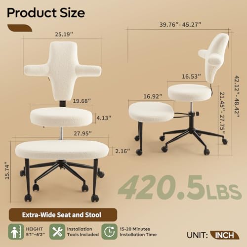 Pinmoco Ergonomic Cross Legged Office Chair Extra Wide for ADHD and Meditation, Kneeling Chair with 360° Swivel Wheels and Reversible Seating, Adjustable Height and Seat Deapth, Teddy Fabric, White Pinmoco
