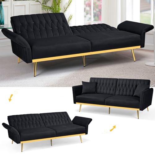 ACMEASE 70” Velvet Futon Sofa Bed with 2 Pillows and Adjustable Armrests, Convertible Sleeper Bed W/Adjustable Backrests, Modern Loveseat for Living Room, Bedroom, Black ACMEASE