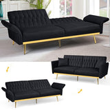 ACMEASE 70” Velvet Futon Sofa Bed with 2 Pillows and Adjustable Armrests, Convertible Sleeper Bed W/Adjustable Backrests, Modern Loveseat for Living Room, Bedroom, Black ACMEASE