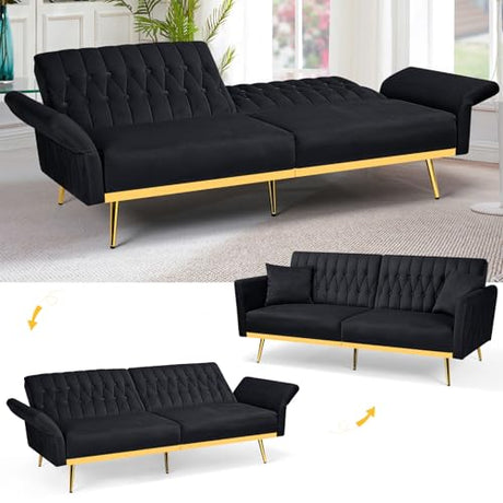 ACMEASE 70” Velvet Futon Sofa Bed with 2 Pillows and Adjustable Armrests, Convertible Sleeper Bed W/Adjustable Backrests, Modern Loveseat for Living Room, Bedroom, Black ACMEASE