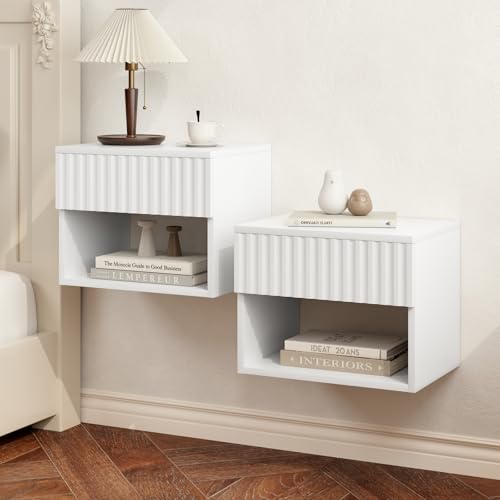 AURINEST Floating Nightstand Set of 2, Modern Wall Mounted Bedside Tables with Fluted Drawer, Night Stand Small End Table with Open Storage Shelf for Bedroom, Living Room, Small Spaces, White AURINEST