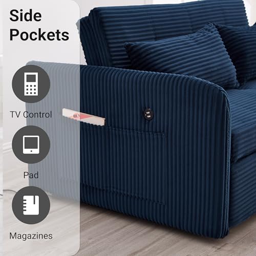 N NOORDENIYA 55.5" Corduroy Convertible Sofa Bed, Pull Out Sleeper Sofa Bed, Loveseat Couch with USB Charging Ports, 3 in 1 Convertible Sleeper Sofa Bed for Living Room, Apartment, Bedroom, RV, Blue N NOORDENIYA