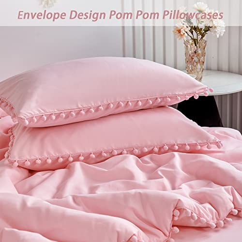 PERFEMET 5 Pcs Pink Pom Pom Comforter Twin Size Aesthetic Boho Pom Fringe Bedding Set with Sheet Ultra Soft Lightweight Farmhouse Bedding Quilt Set for Girls Kids(Pink, Twin) PERFEMET