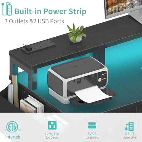 Lufeiya Gaming Desk with LED Lights and Power Outlets, 47 inch Computer Desk with Fabric Drawers, Reversible Home Office Desk with Monitor Stand, Black Lufeiya